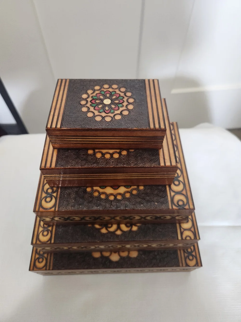 Handmade Polish Wood Inlay Nesting Boxes with Floral Mandela Motif
